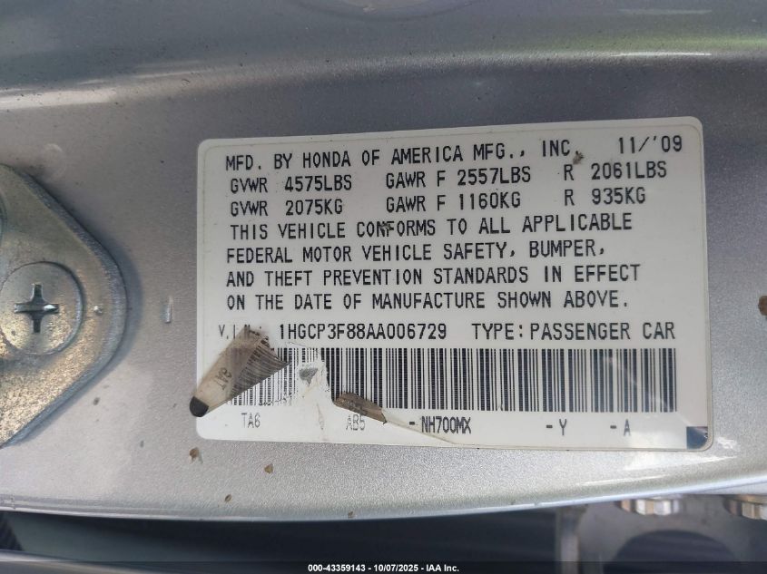 2010 Honda Accord 3.5 Ex-L VIN: 1HGCP3F88AA006729 Lot: 43359143