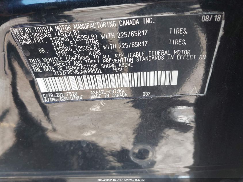 2018 Toyota Rav4 Le VIN: 2T3ZFREV6JW499592 Lot: 43359146