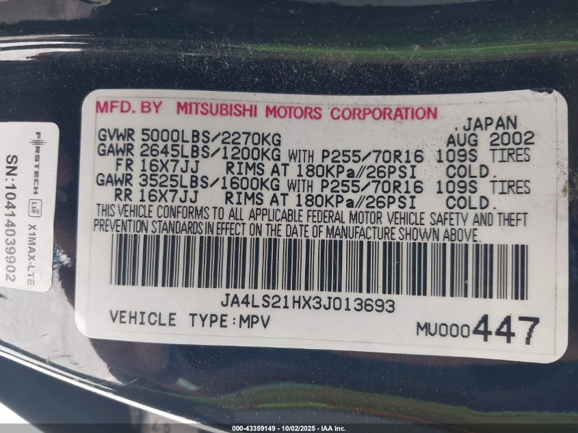 2003 Mitsubishi Montero Sport Es/Ls VIN: JA4LS21HX3J013693 Lot: 43359149