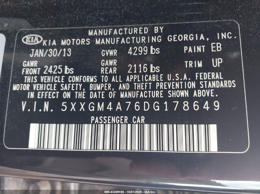 2013 Kia Optima Lx VIN: 5XXGM4A76DG178649 Lot: 43359150