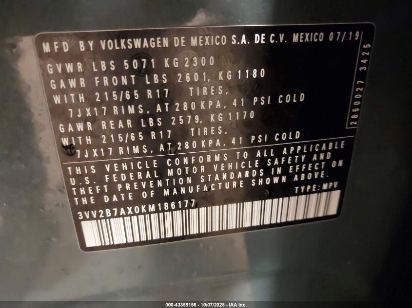 2019 Volkswagen Tiguan 2.0T Se/2.0T Sel/2.0T Sel R-Line/2.0T Sel R-Line Black VIN: 3VV2B7AX0KM186177 Lot: 43359156