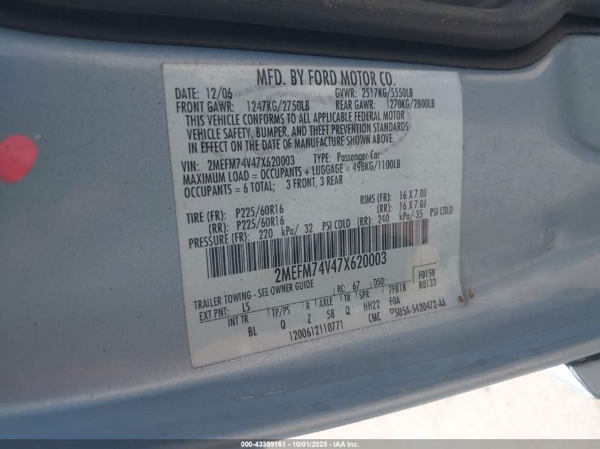 2007 Mercury Grand Marquis Gs VIN: 2MEFM74V47X620003 Lot: 43359161