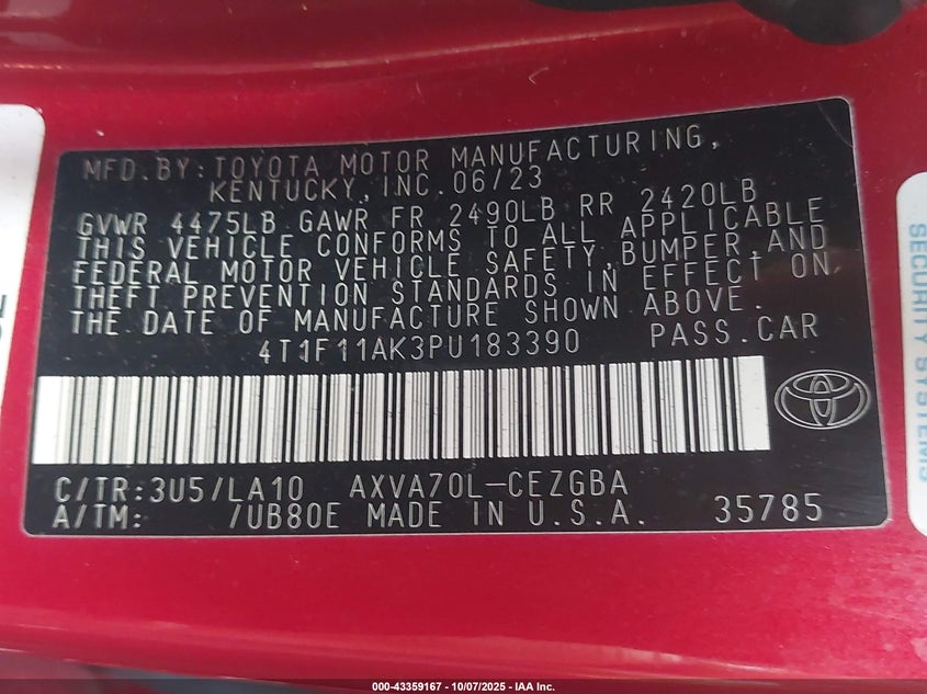2023 Toyota Camry Xle VIN: 4T1F11AK3PU183390 Lot: 43359167