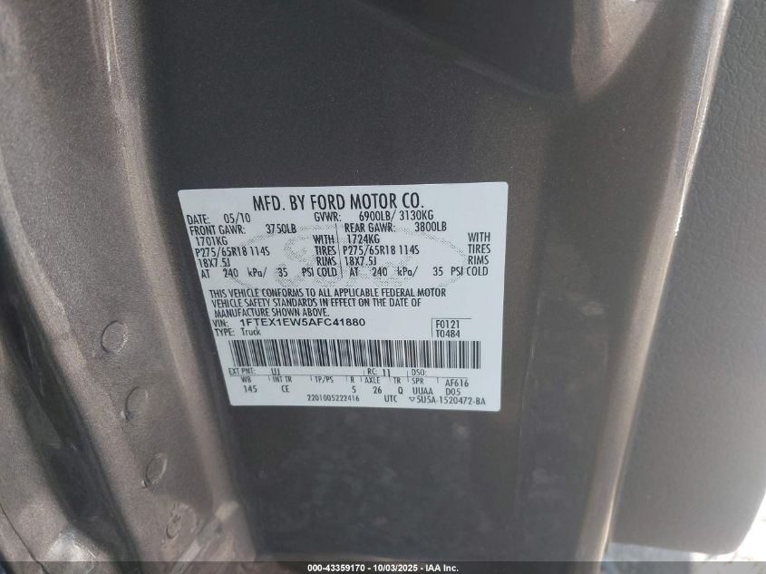 2010 Ford F-150 Stx/Xl VIN: 1FTEX1EW5AFC41880 Lot: 43359170