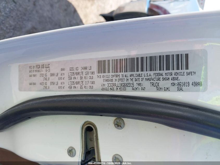 2019 Ram 3500 Laramie 4X4 8' Box VIN: 3C63RRJL1KG602315 Lot: 43359174