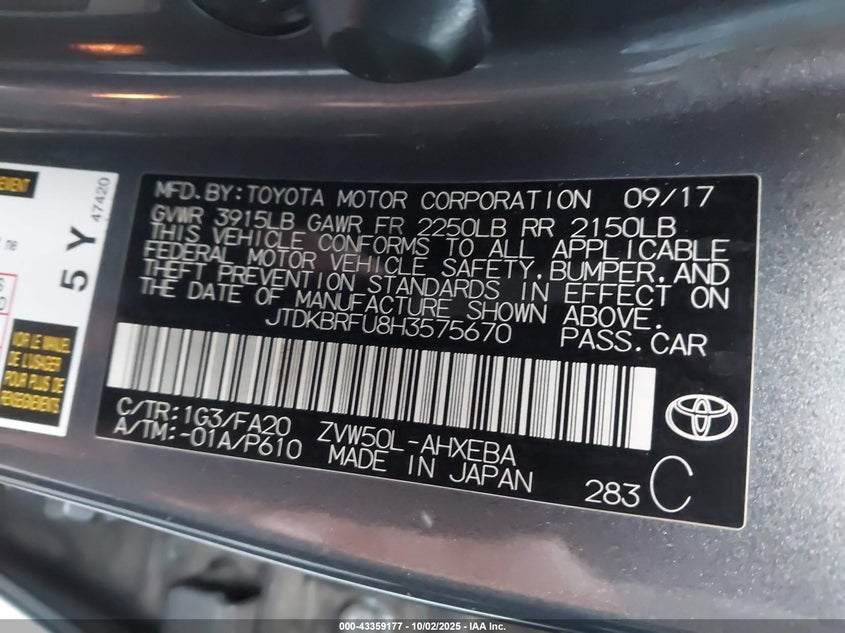 2017 TOYOTA PRIUS TWO - JTDKBRFU8H3575670