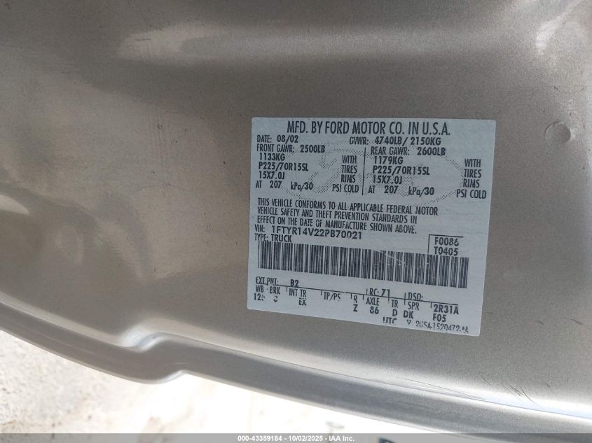 2002 Ford Ranger Edge/Tremor/Xl/Xlt VIN: 1FTYR14V22PB70021 Lot: 43359184