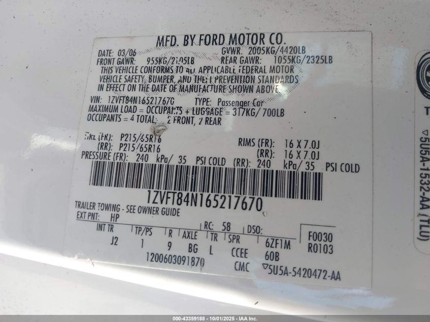 2006 Ford Mustang V6 VIN: 1ZVFT84N165217670 Lot: 43359188