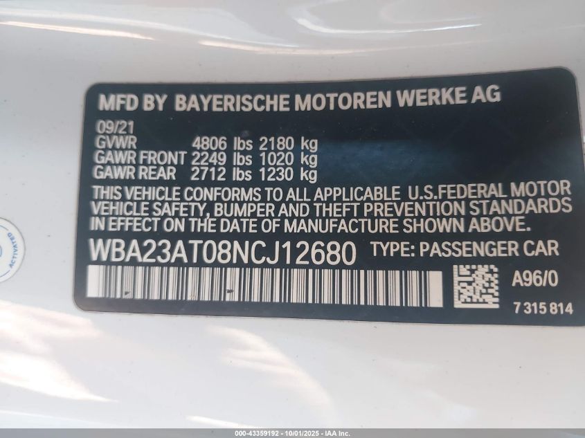 2022 BMW 430I - WBA23AT08NCJ12680
