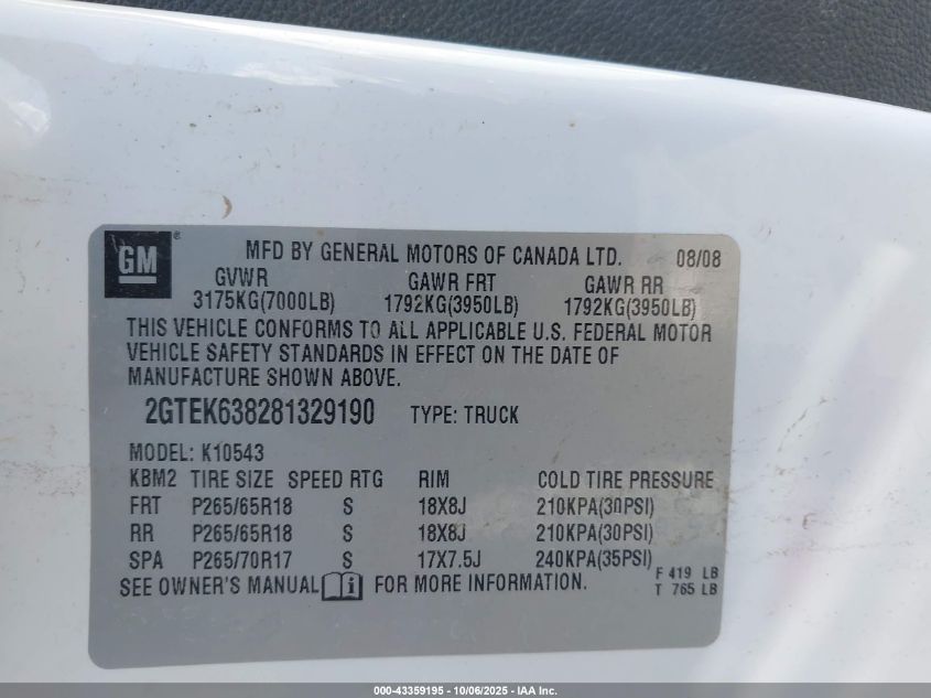 2008 GMC Sierra 1500 Denali VIN: 2GTEK638281329190 Lot: 43359195