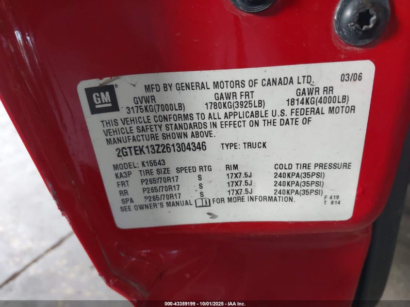 2006 GMC Sierra 1500 Slt VIN: 2GTEK13Z261304346 Lot: 43359199