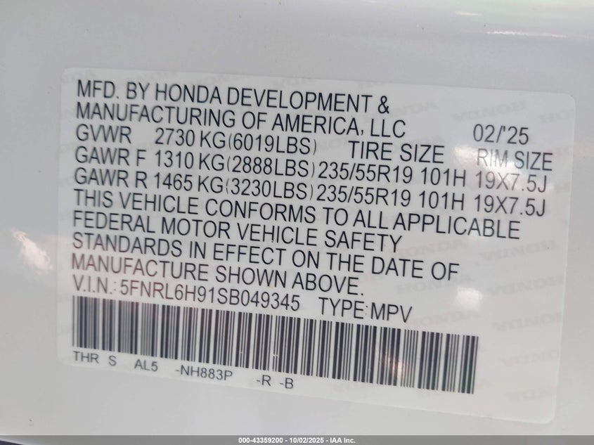 2025 HONDA ODYSSEY ELITE - 5FNRL6H91SB049345