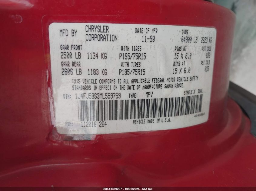 1991 Jeep Cherokee Laredo VIN: 1J4FJ58S3ML559759 Lot: 43359207