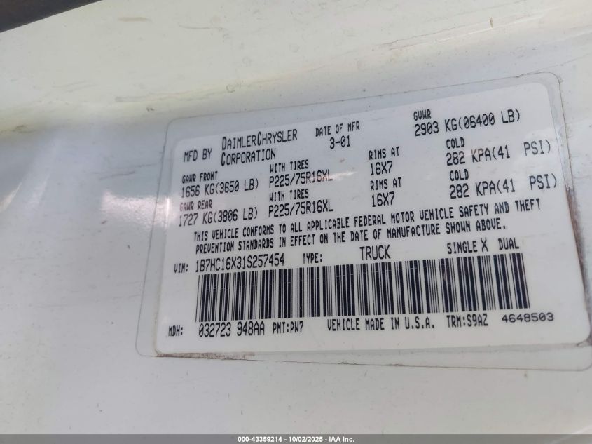 2001 Dodge Ram 1500 St/Ws VIN: 1B7HC16X31S257454 Lot: 43359214