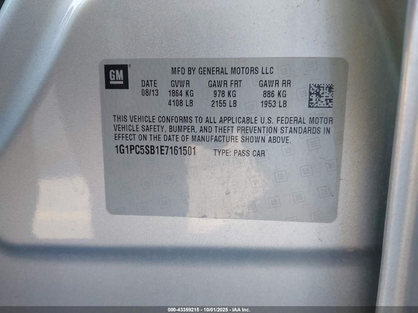 2014 Chevrolet Cruze 1Lt Auto VIN: 1G1PC5SB1E7161501 Lot: 43359215