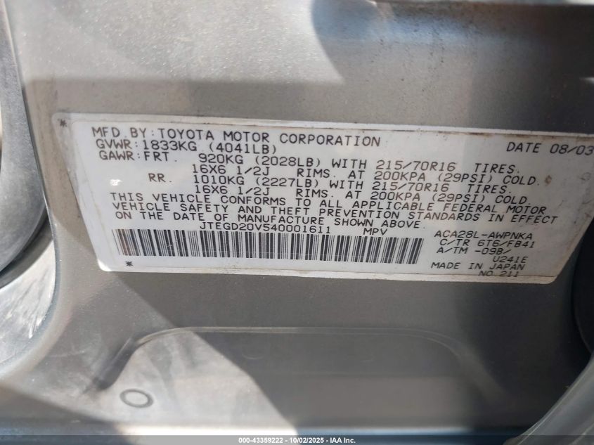 2004 Toyota Rav4 VIN: JTEGD20V540001611 Lot: 43359222