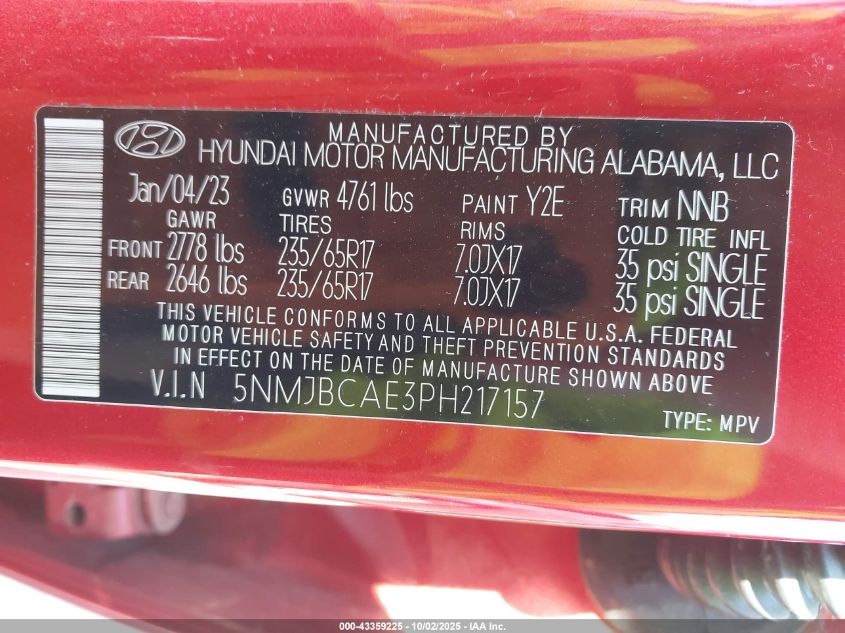 2023 Hyundai Tucson Sel VIN: 5NMJBCAE3PH217157 Lot: 43359225