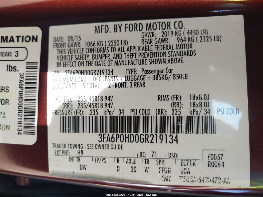 2016 Ford Fusion Se VIN: 3FA6P0HD0GR219134 Lot: 43359227