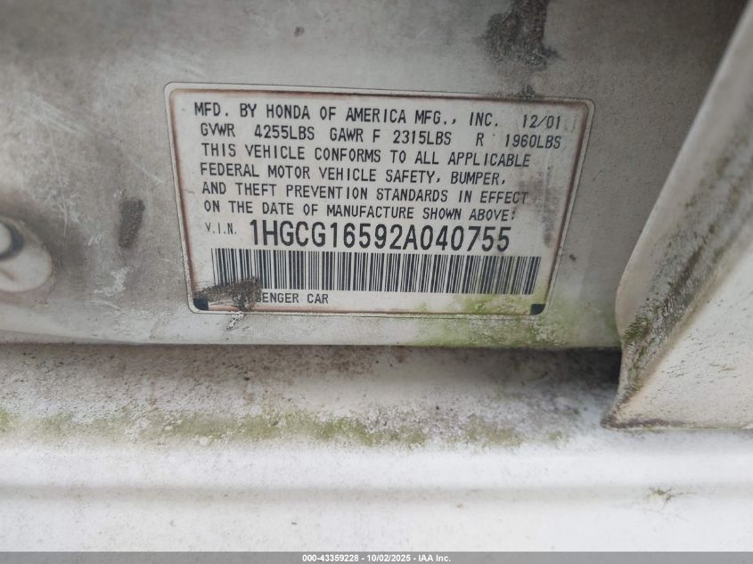2002 Honda Accord 3.0 Ex VIN: 1HGCG16592A040755 Lot: 43359228