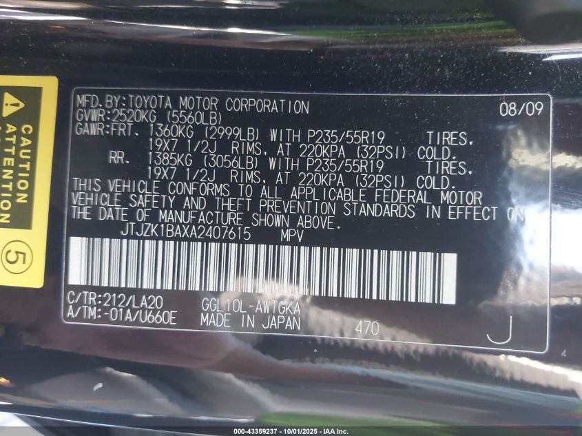 2010 Lexus Rx 350 VIN: JTJZK1BAXA2407615 Lot: 43359237