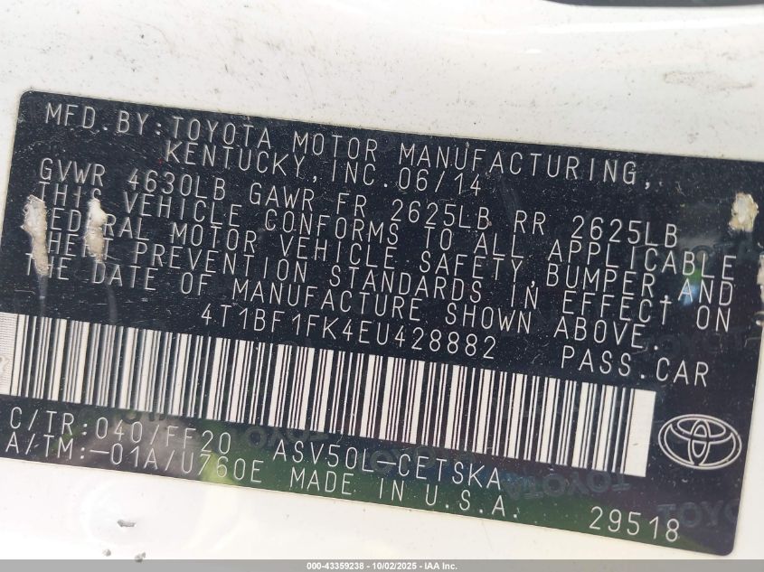 2014 Toyota Camry Se VIN: 4T1BF1FK4EU428882 Lot: 43359238