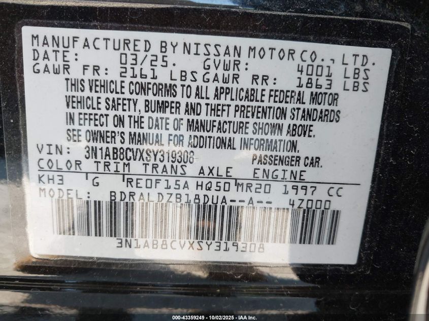 2025 Nissan Sentra Sv VIN: 3N1AB8CVXSY319308 Lot: 43359249