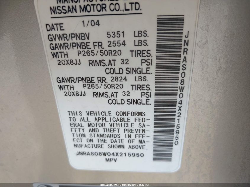 2004 Infiniti Fx35 VIN: JNRAS08W04X215950 Lot: 43359255