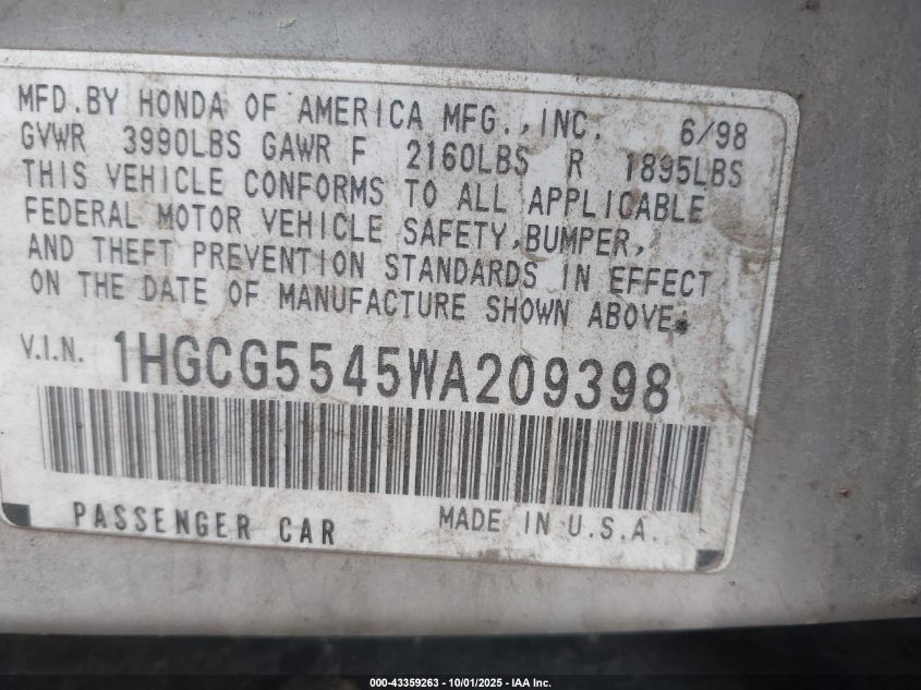 1998 Honda Accord Lx VIN: 1HGCG5545WA209398 Lot: 43359263