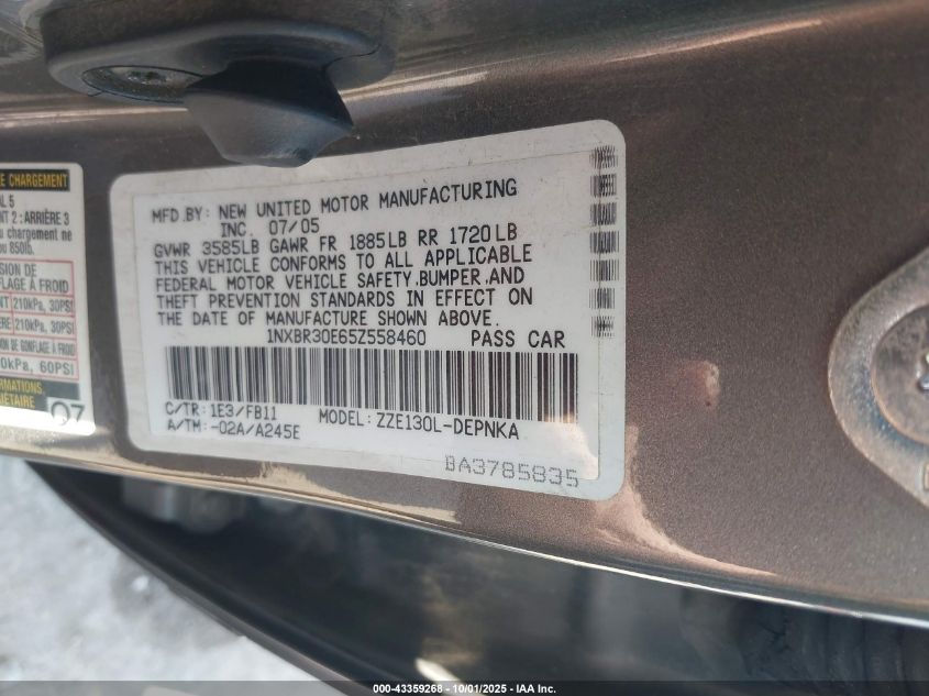 2005 Toyota Corolla Le VIN: 1NXBR30E65Z558460 Lot: 43359268