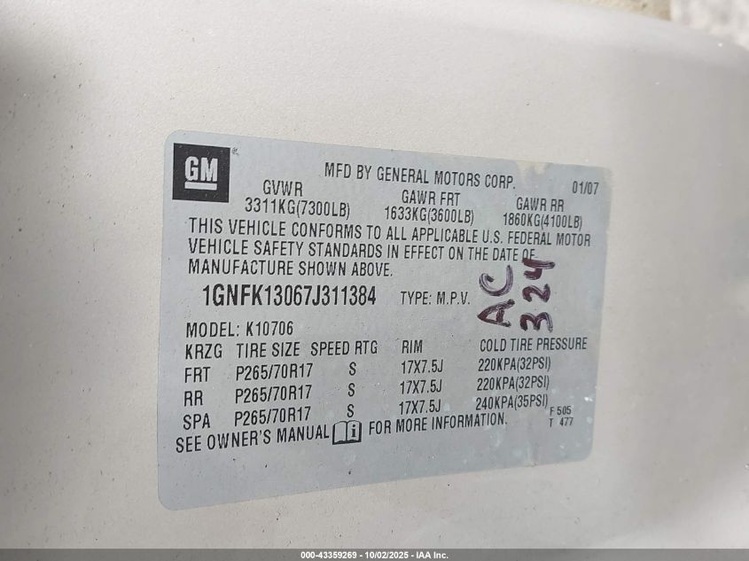 2007 Chevrolet Tahoe Lt VIN: 1GNFK13067J311384 Lot: 43359269