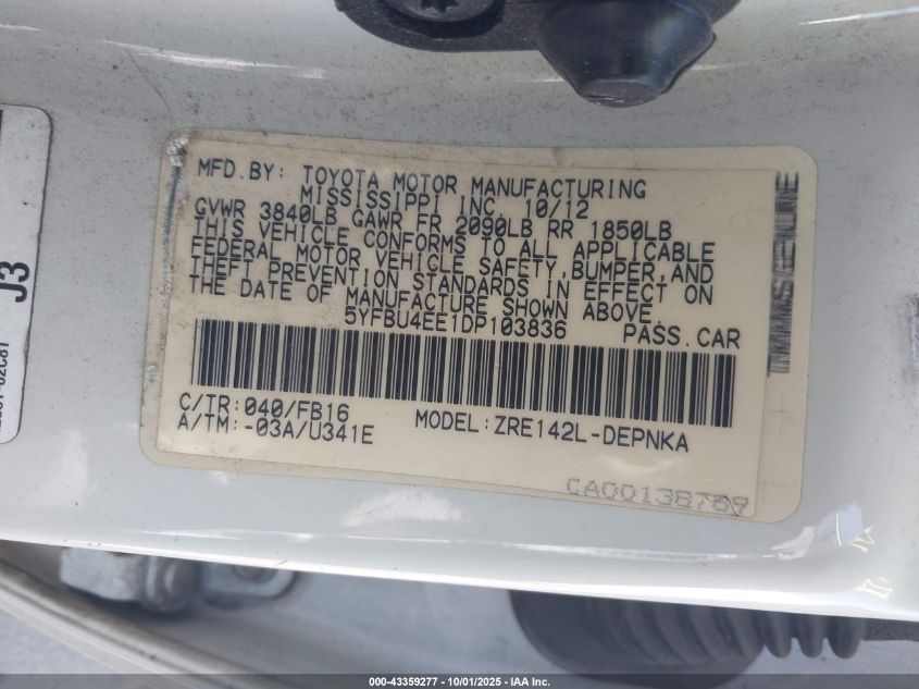 2013 Toyota Corolla Le VIN: 5YFBU4EE1DP103836 Lot: 43359277