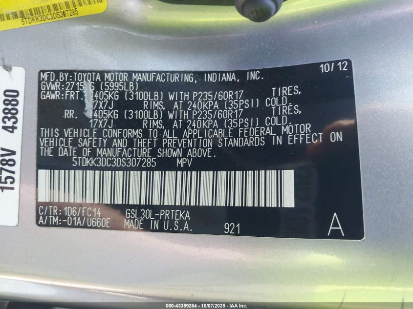 2013 Toyota Sienna Le V6 8 Passenger VIN: 5TDKK3DC3DS307285 Lot: 43359284