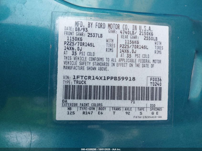 1993 Ford Ranger Super Cab VIN: 1FTCR14X1PPB59918 Lot: 43359295