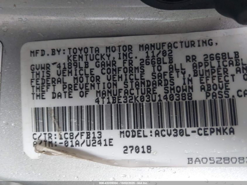 2003 Toyota Camry Le VIN: 4T1BE32K03U140388 Lot: 43359304