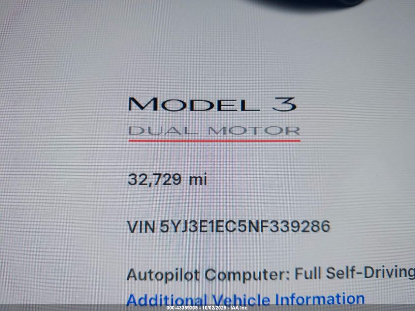 2022 Tesla Model 3 Performance Dual Motor All-Wheel Drive VIN: 5YJ3E1EC5NF339286 Lot: 43359305