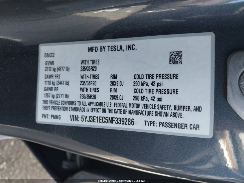 2022 Tesla Model 3 Performance Dual Motor All-Wheel Drive VIN: 5YJ3E1EC5NF339286 Lot: 43359305