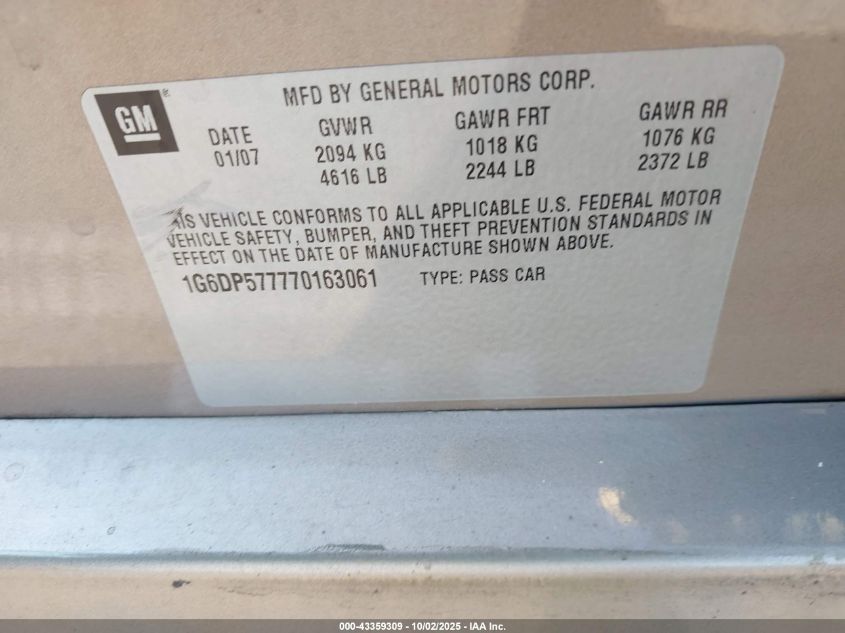 2007 Cadillac Cts Standard VIN: 1G6DP577770163061 Lot: 43359309