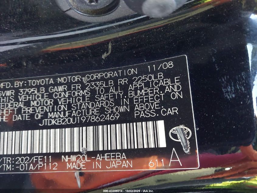 2009 Toyota Prius VIN: JTDKB20U197862469 Lot: 43359314