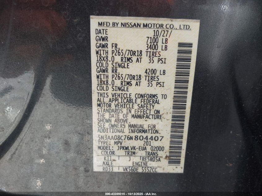 2006 Infiniti Qx56 VIN: 5N3AA08C76N804407 Lot: 43359315