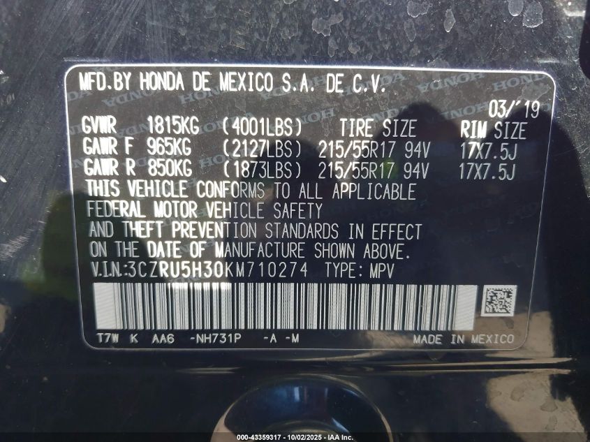 2019 Honda Hr-V Lx VIN: 3CZRU5H30KM710274 Lot: 43359317