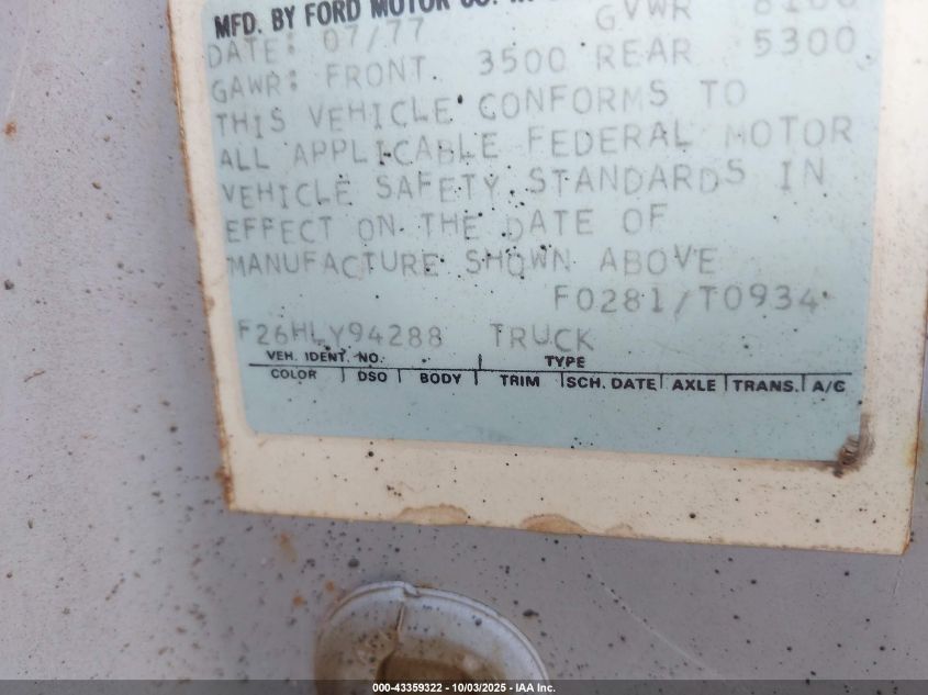 1977 Ford F-250 VIN: F26HLY294288 Lot: 43359322