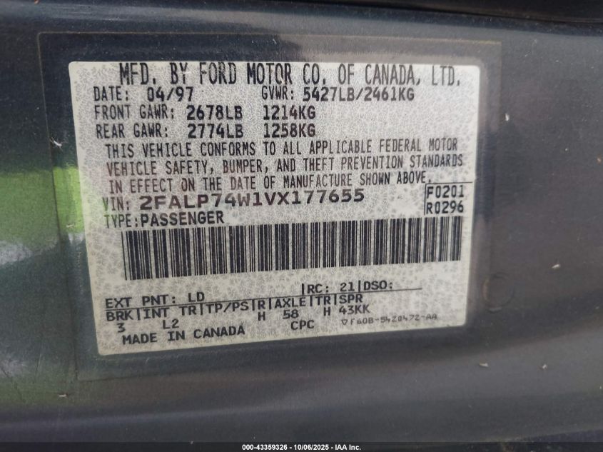 1997 Ford Crown Victoria Lx VIN: 2FALP74W1VX177655 Lot: 43359326