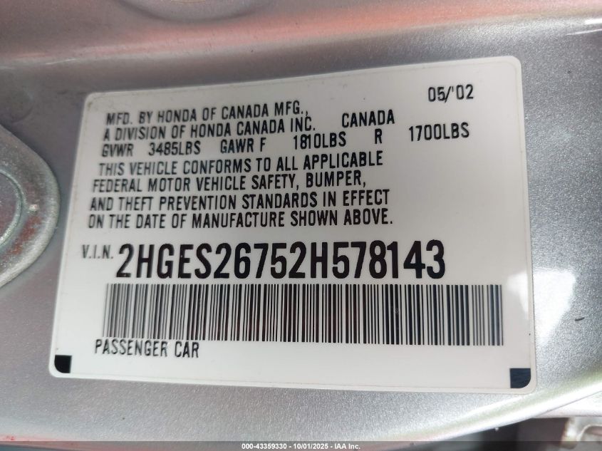 2002 Honda Civic Ex VIN: 2HGES26752H578143 Lot: 43359330