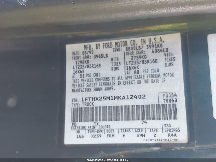 1991 Ford F250 VIN: 1FTHX25M1MKA12402 Lot: 43359332