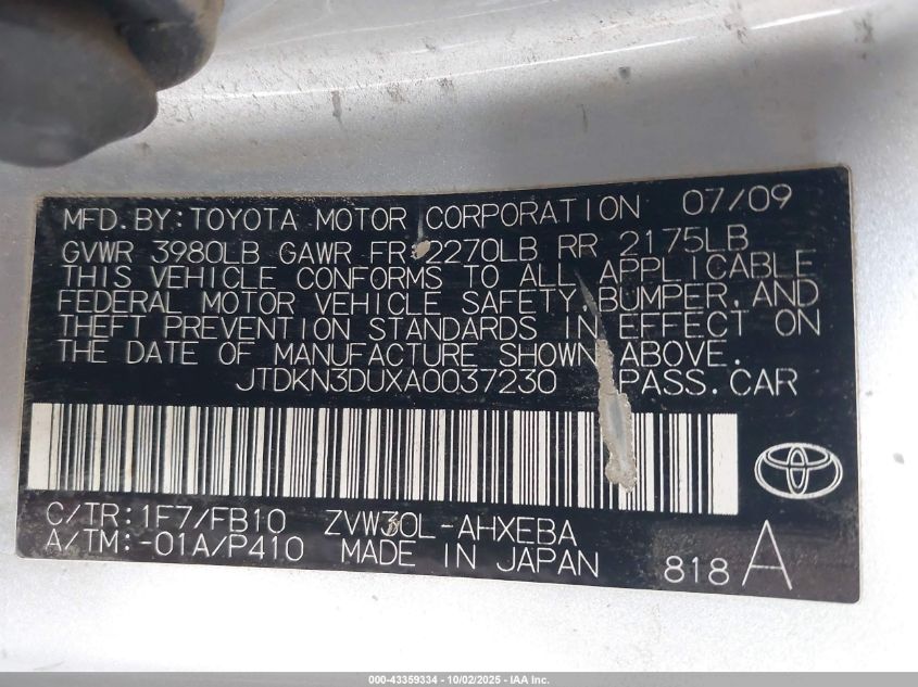 2010 Toyota Prius Ii VIN: JTDKN3DUXA0037230 Lot: 43359334