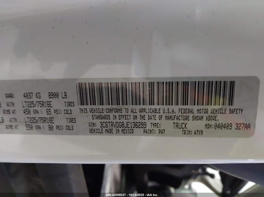 2018 RAM PROMASTER 2500 HIGH ROOF 159 WB 3C6TRVDG8JE136299