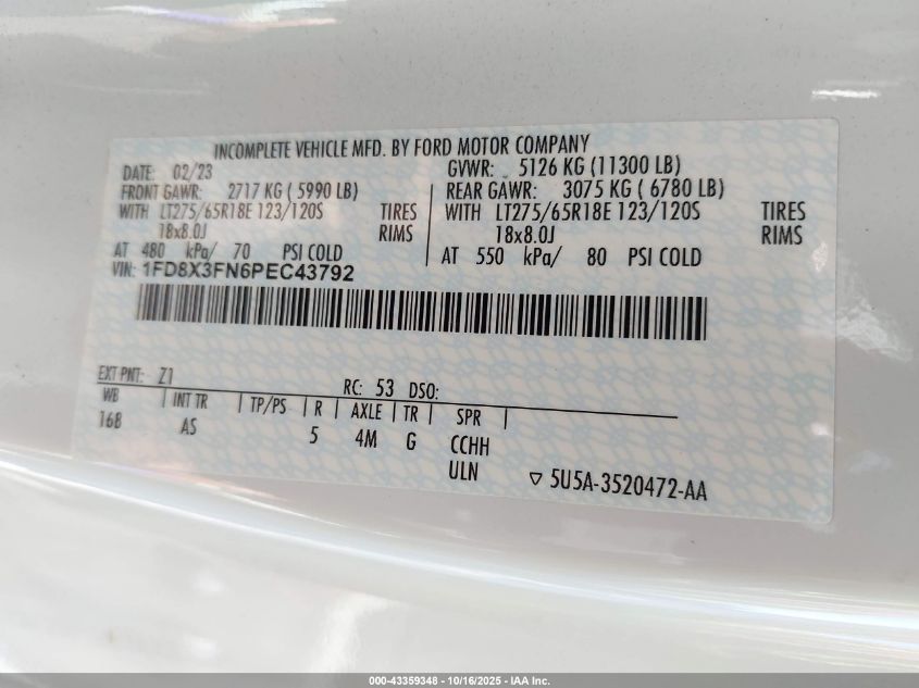 2023 Ford F-350 Chassis Xl VIN: 1FD8X3FN6PEC43792 Lot: 43359348