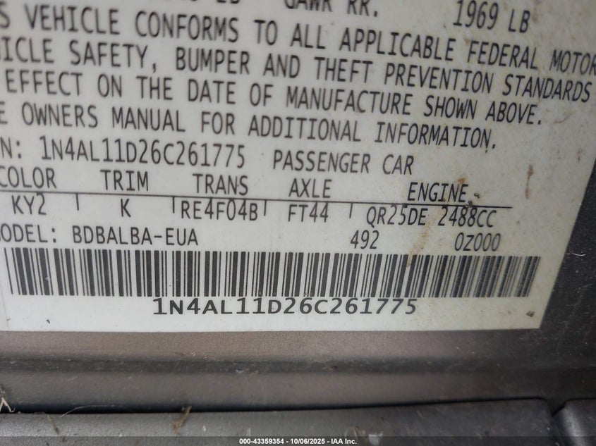 2006 Nissan Altima 2.5 S VIN: 1N4AL11D26C261775 Lot: 43359354