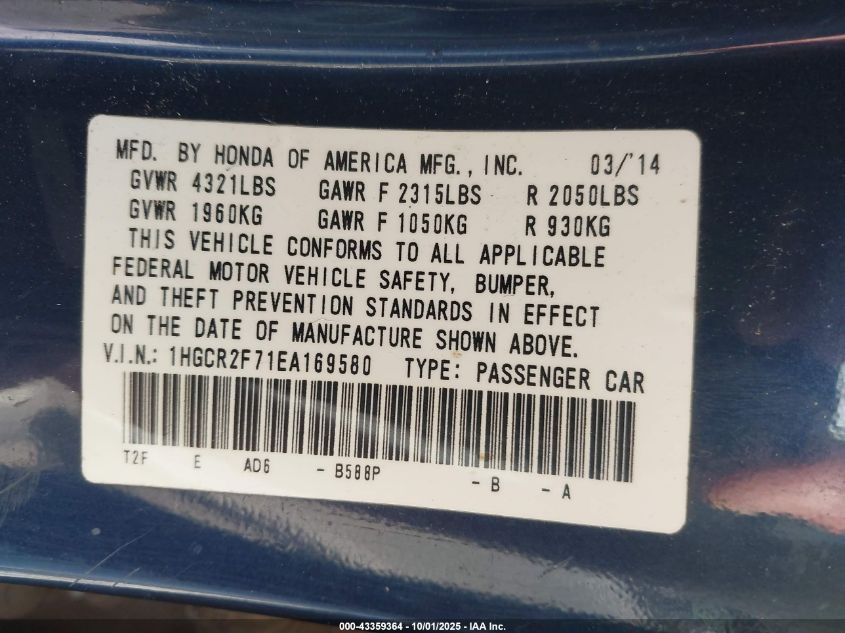 2014 Honda Accord Ex VIN: 1HGCR2F71EA169580 Lot: 43359364