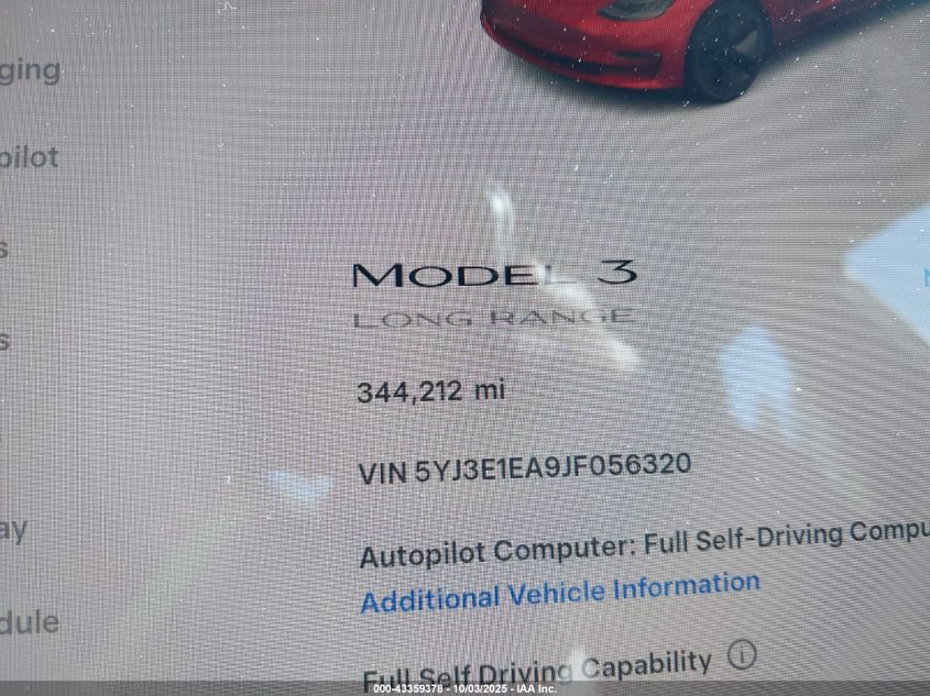 2018 Tesla Model 3 Long Range/Mid Range VIN: 5YJ3E1EA9JF056320 Lot: 43359378